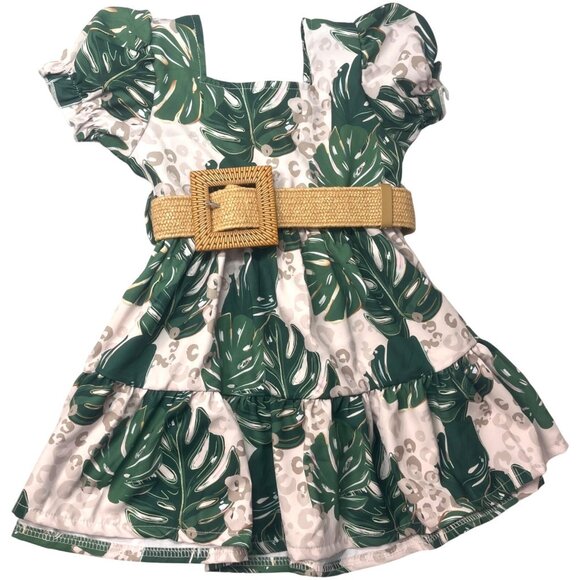 Boutique Brand Other - Boutique Tropical Leaf & Leopard Print Dress W Belt & Headband XS Green & Beige